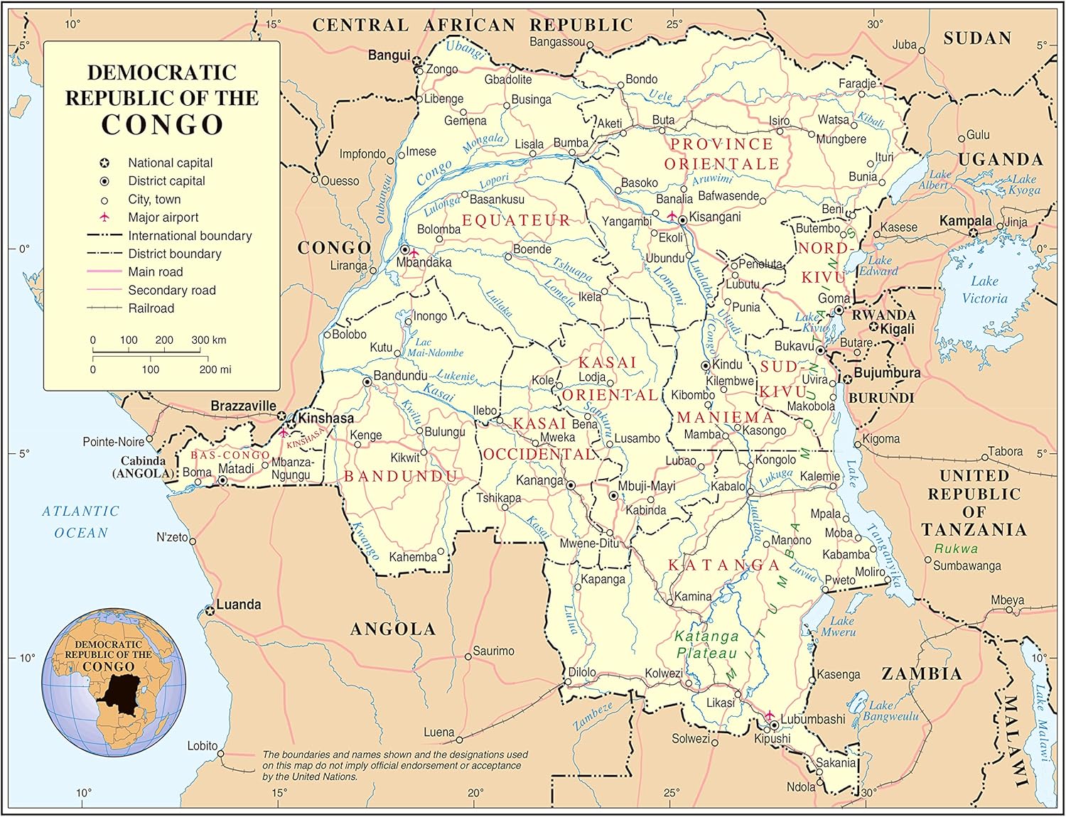 Palmetto Posters 31x24 Laminated Poster: Large political and administrative map of congo democratic republic with roads railroads cities and airports